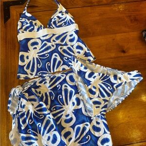 Venus 3-piece Blue and White tankini swimsuit, size 14/Lg/C. NWOT